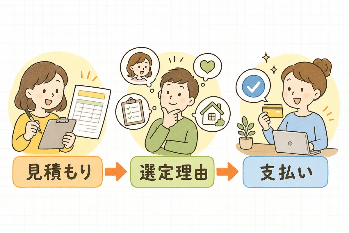 見積もり・選定理由・支払い証拠の三つのステップで備品補助金の記録を残す流れを示した図