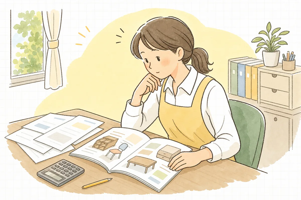 複数の見積書とカタログを机に広げ、どれを選ぶか少し考え込む保育園の事務担当者