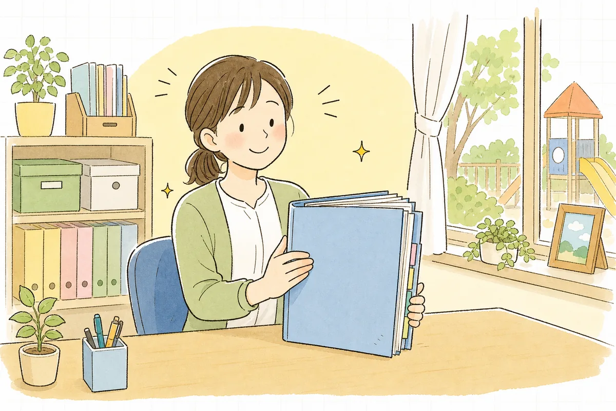 そろった見積書と支払い関係の書類をファイルに収め、ひと安心して穏やかにほほえむ保育園の事務担当者