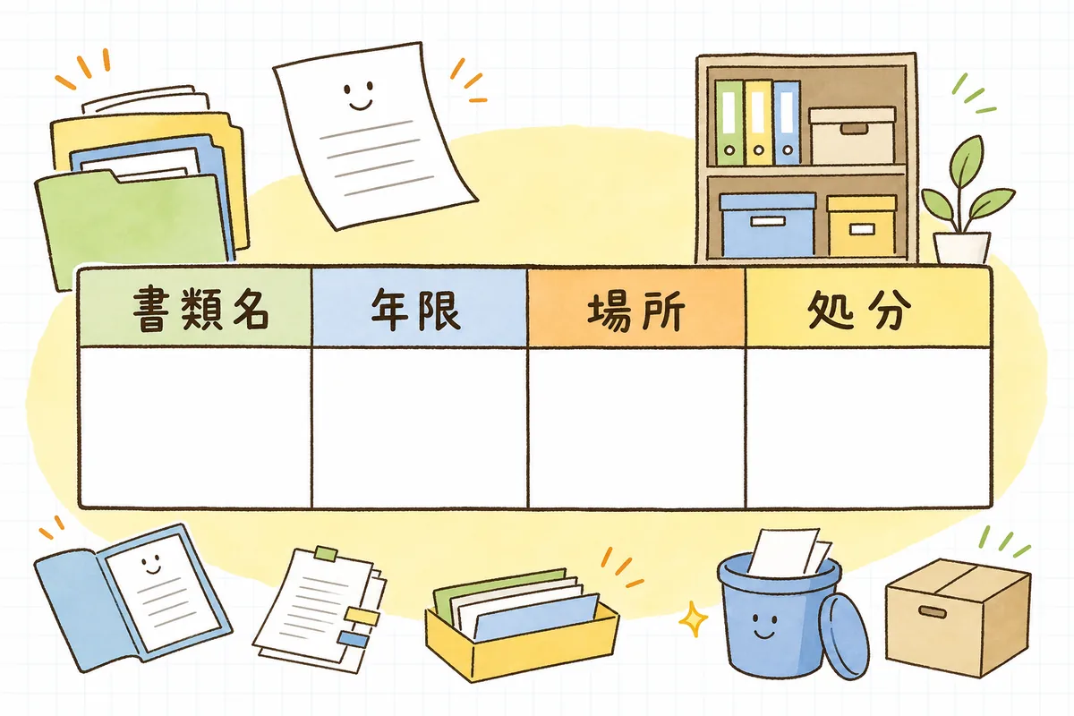 「書類名・保存年限・保管場所・処分時期」の4列でできた保存年限一覧表のイメージ図
