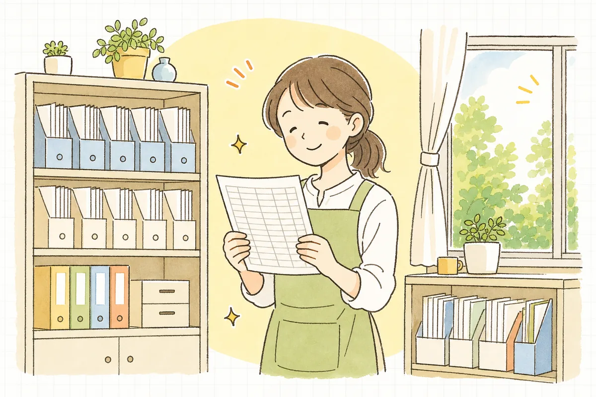 整理が終わってすっきりした書類棚の前で、一覧表を手にほっとほほえむ保育園の事務担当者