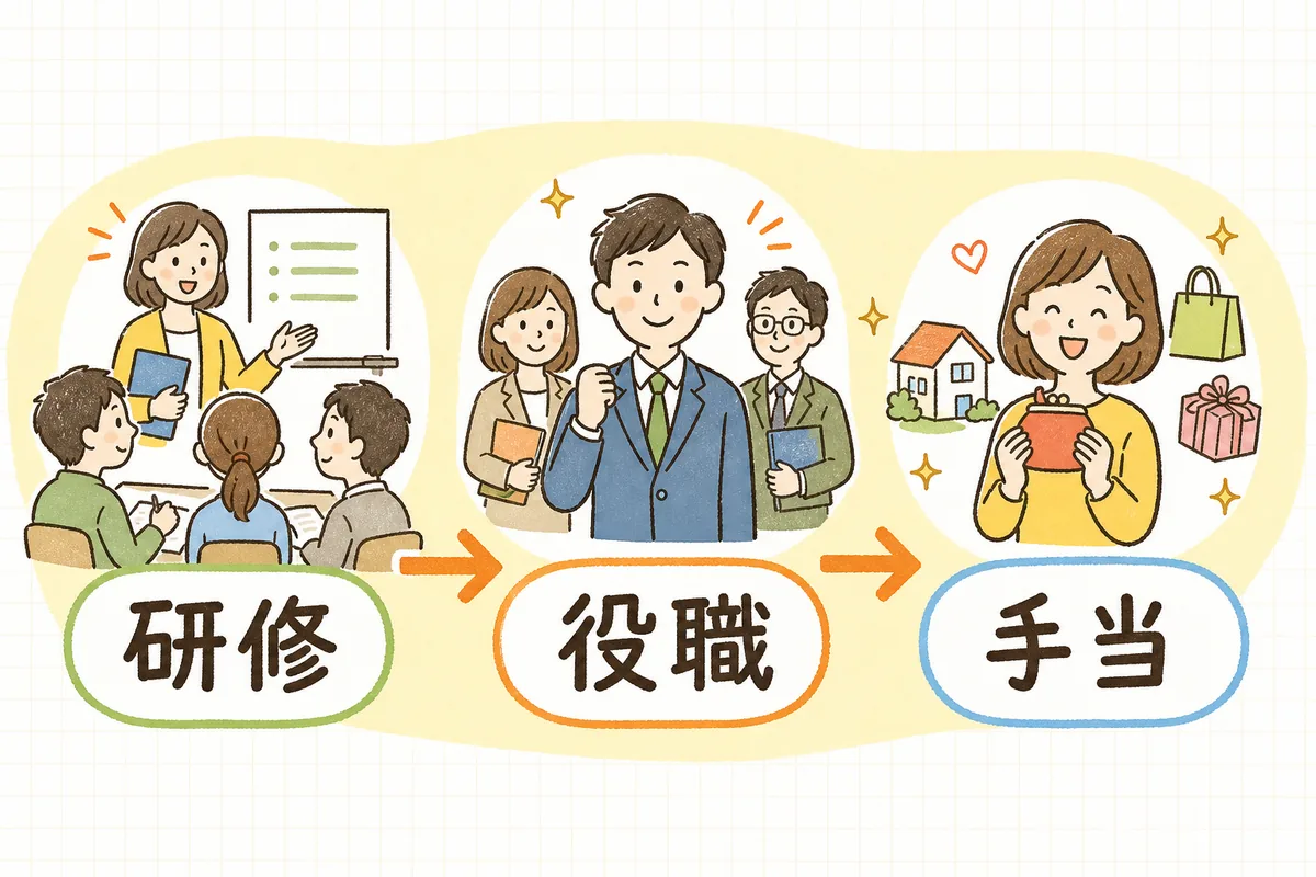 処遇改善加算Ⅱが「研修」「役職」「手当」の三つがつながって成り立つことを示した図
