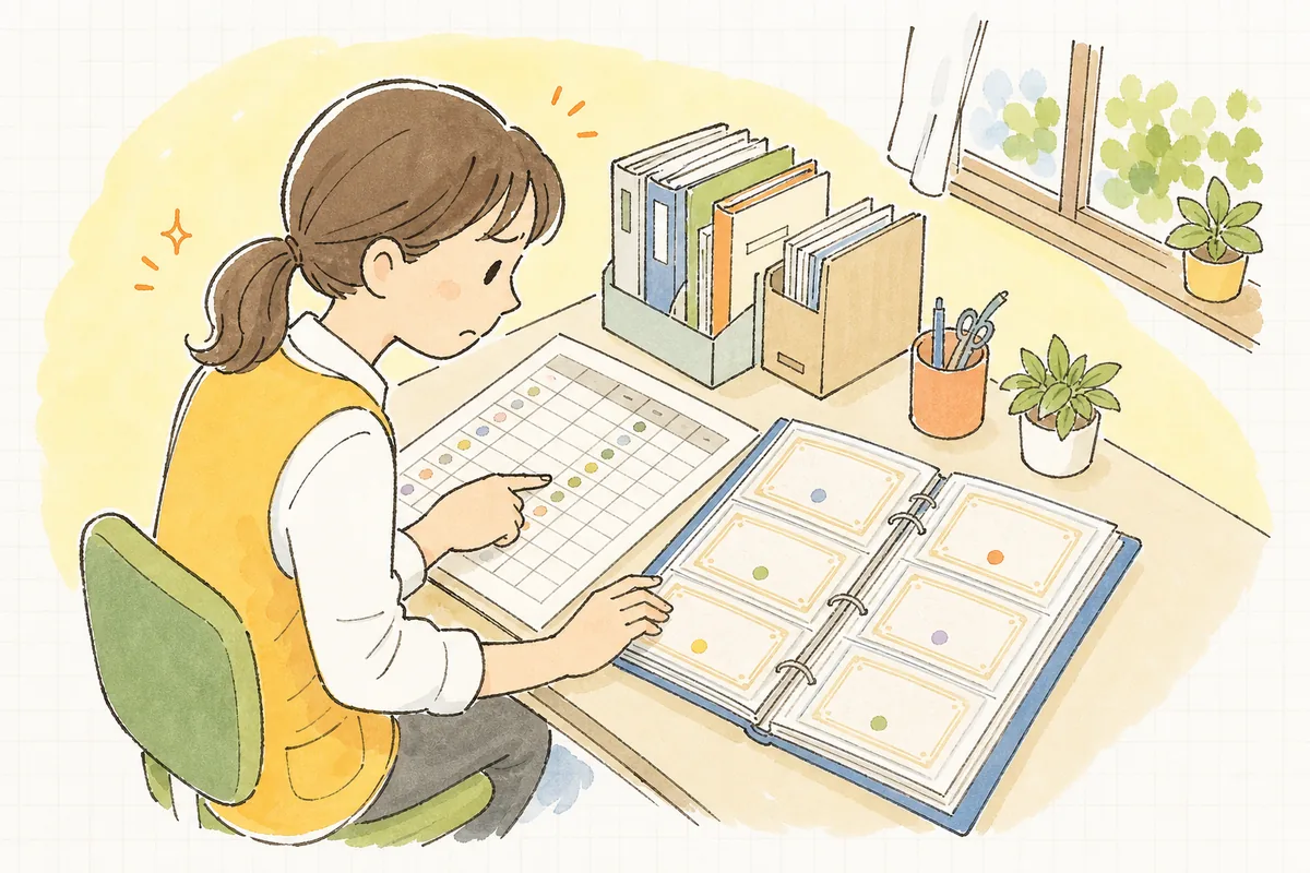 職員名簿と研修の修了証を見比べながら、誰の研修がまだかを指でたどって確認する保育園の事務担当者