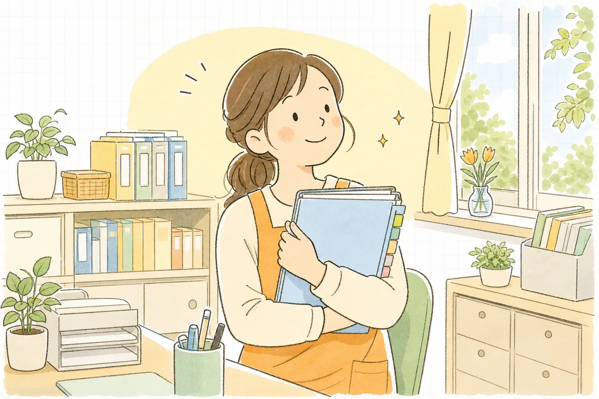 研修と役職と手当がつながった一覧を整え終え、ほっとした表情でほほえむ保育園の事務担当者