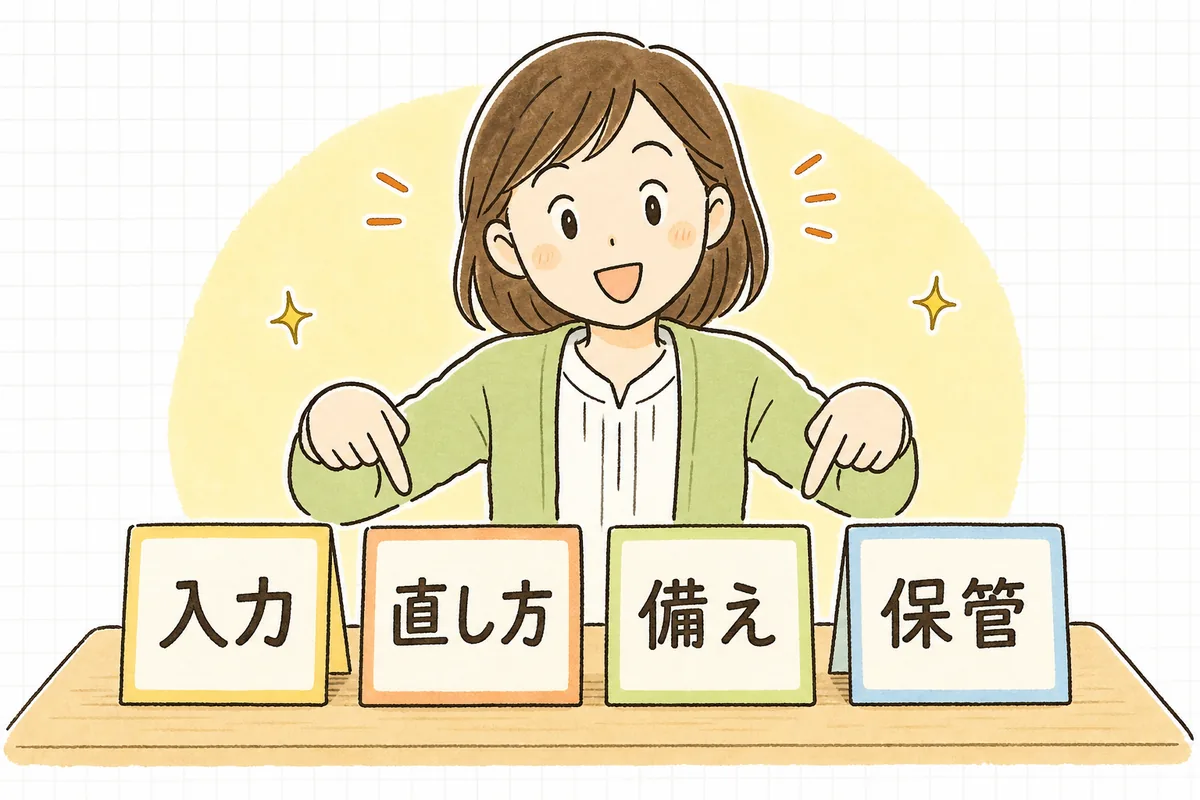 帳票を電子化する前に「誰が入力・直し方・止まった時・保管」の4つを決めることを示す図