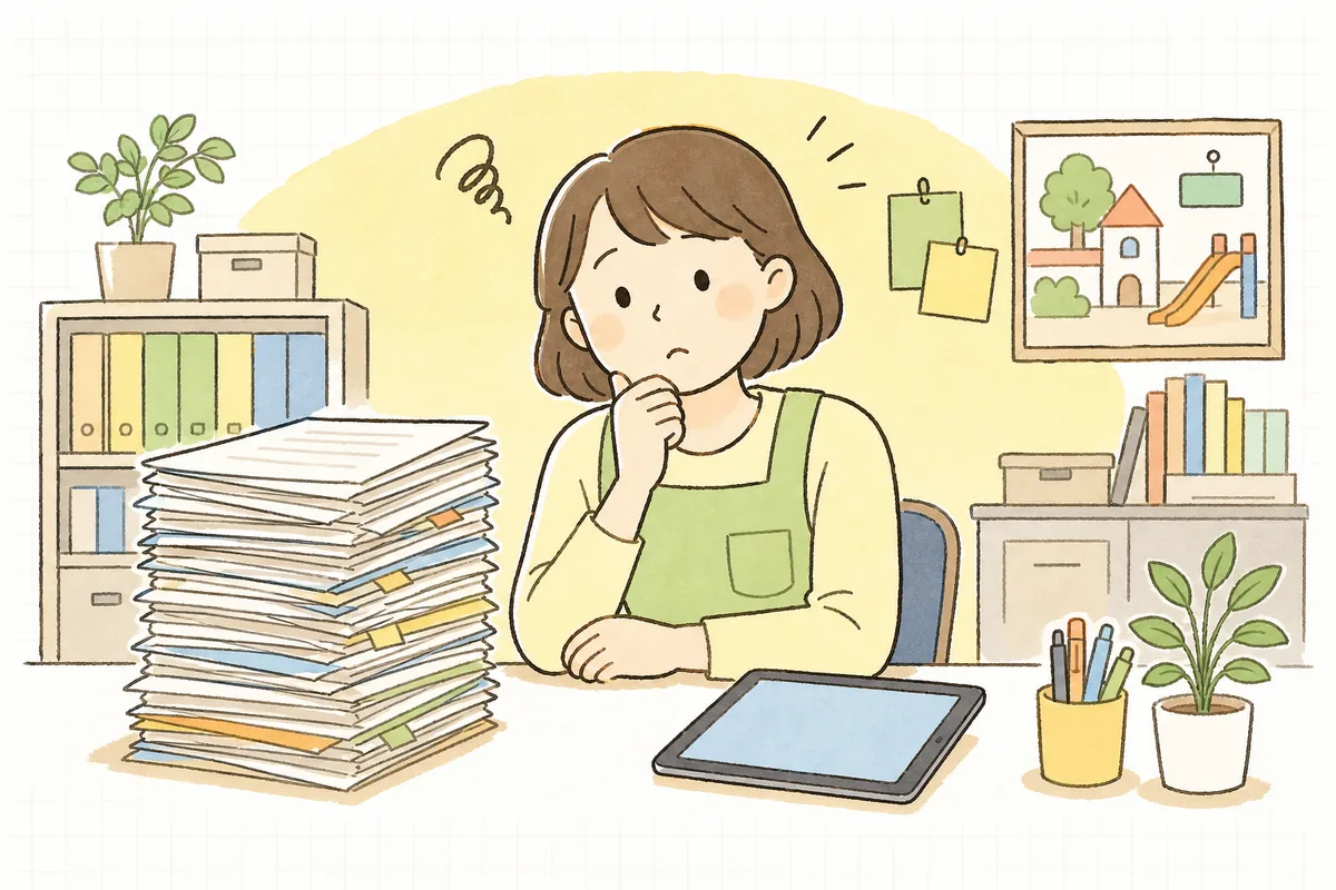 紙の帳票の束とタブレットを机に並べ、電子化する前に何を決めておくか考える保育園の事務担当者