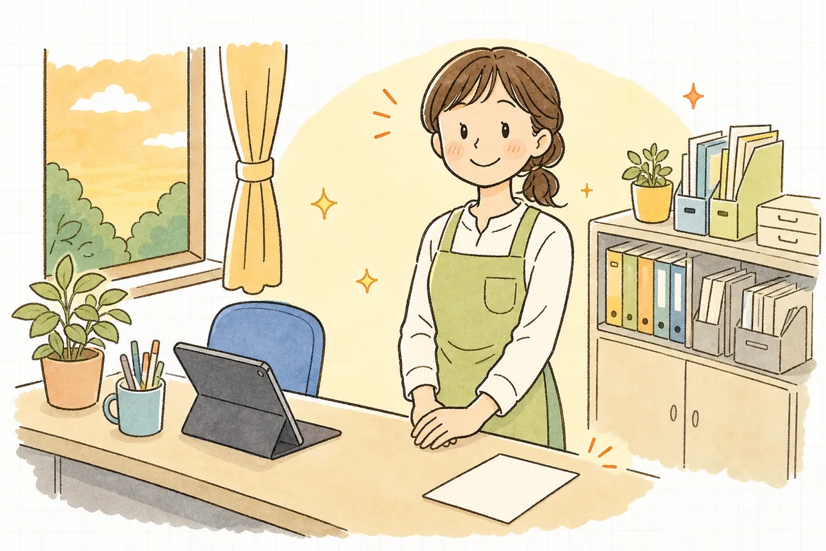 電子化した帳票が落ち着いて回り始めた事務室で、穏やかにほほえむ保育園の事務担当者