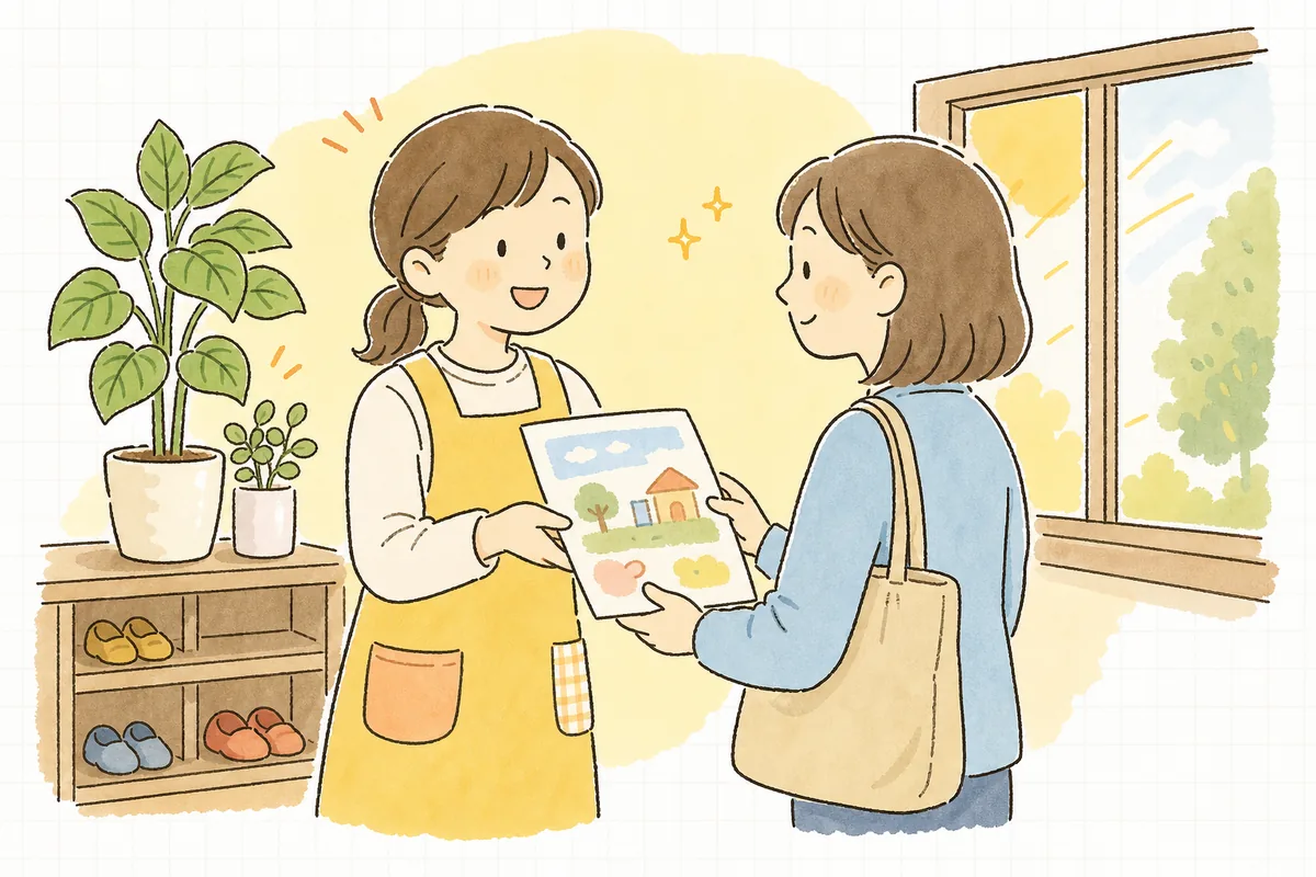 仕上げた延長保育の案内を保護者に手渡し、やわらかくほほえむ保育園の職員