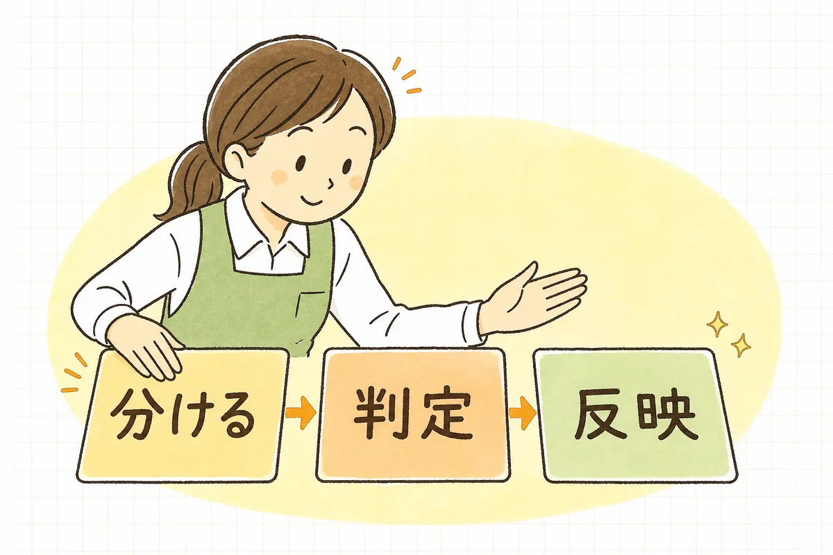 「区分で分ける→免除を判定→名簿に反映」の順に進める3ステップの図