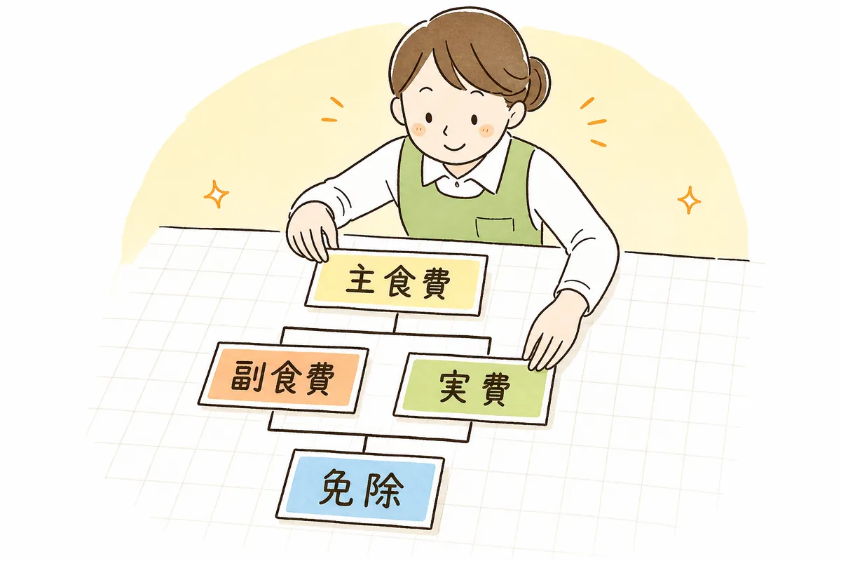 給食費を「主食費」と「副食費」に分け、副食費だけ「実費徴収」と「免除」に枝分かれする整理図
