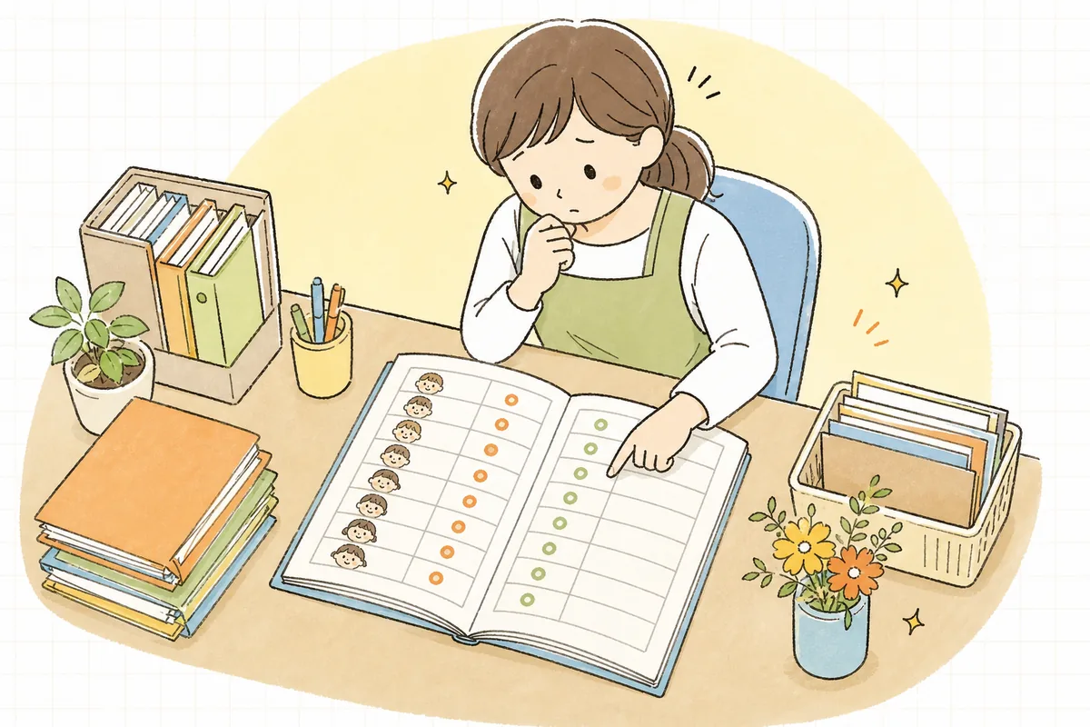園児名簿を見ながら「この子は副食費をいただくのか、免除なのか」を一人ずつ確かめている保育園の事務担当者