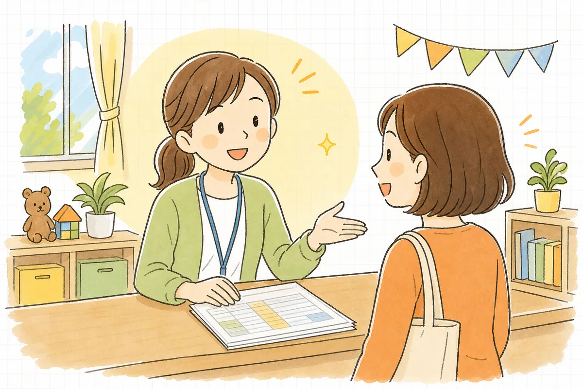 副食費の実費・免除を名簿に整理し終え、保護者からの問い合わせに落ち着いて応える保育園の事務担当者