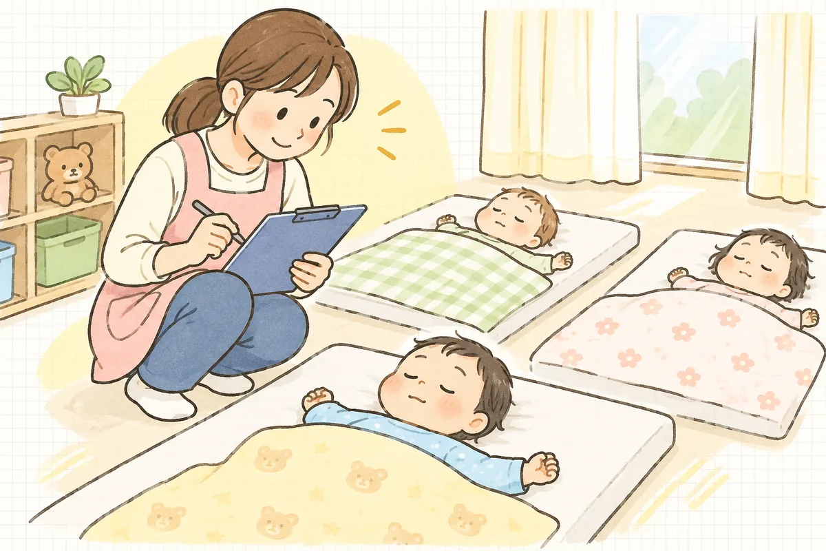 お昼寝の時間の静かな保育室で、眠る乳児たちのそばにしゃがみ、ペンを持ったまま子どもの寝顔を見つめる保育士
