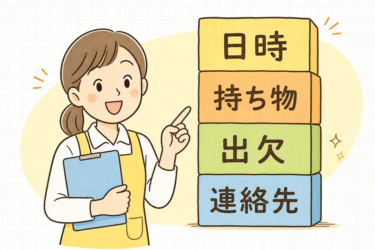 行事案内の連絡文を「日時・持ち物・出欠・連絡先」の四つのまとまりに分けて示した構成図を指し示す保育園の事務担当者