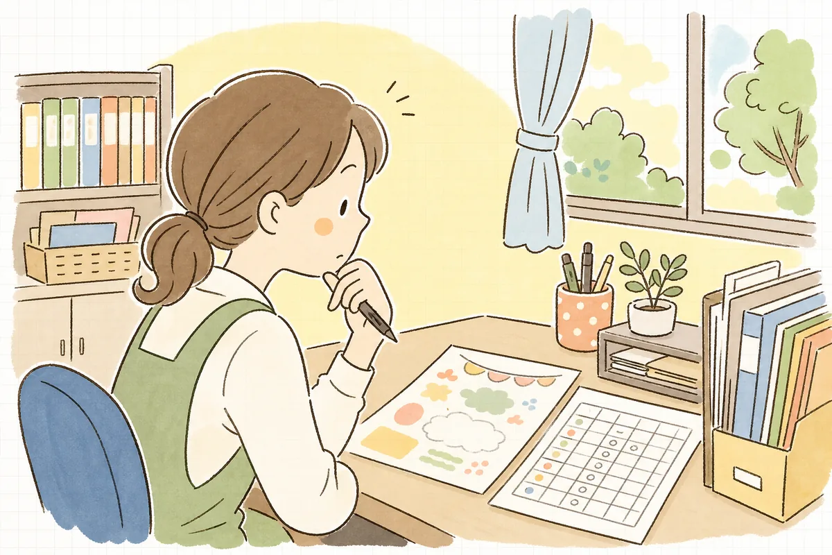 行事案内の下書きと出欠一覧を前に、伝わる書き方を考えながらペンを止める保育園の事務担当者