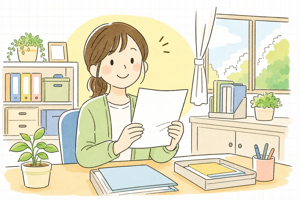 そろった出欠の一覧を手に、次の行事準備へ落ち着いて進めそうな表情でほほえむ保育園の事務担当者