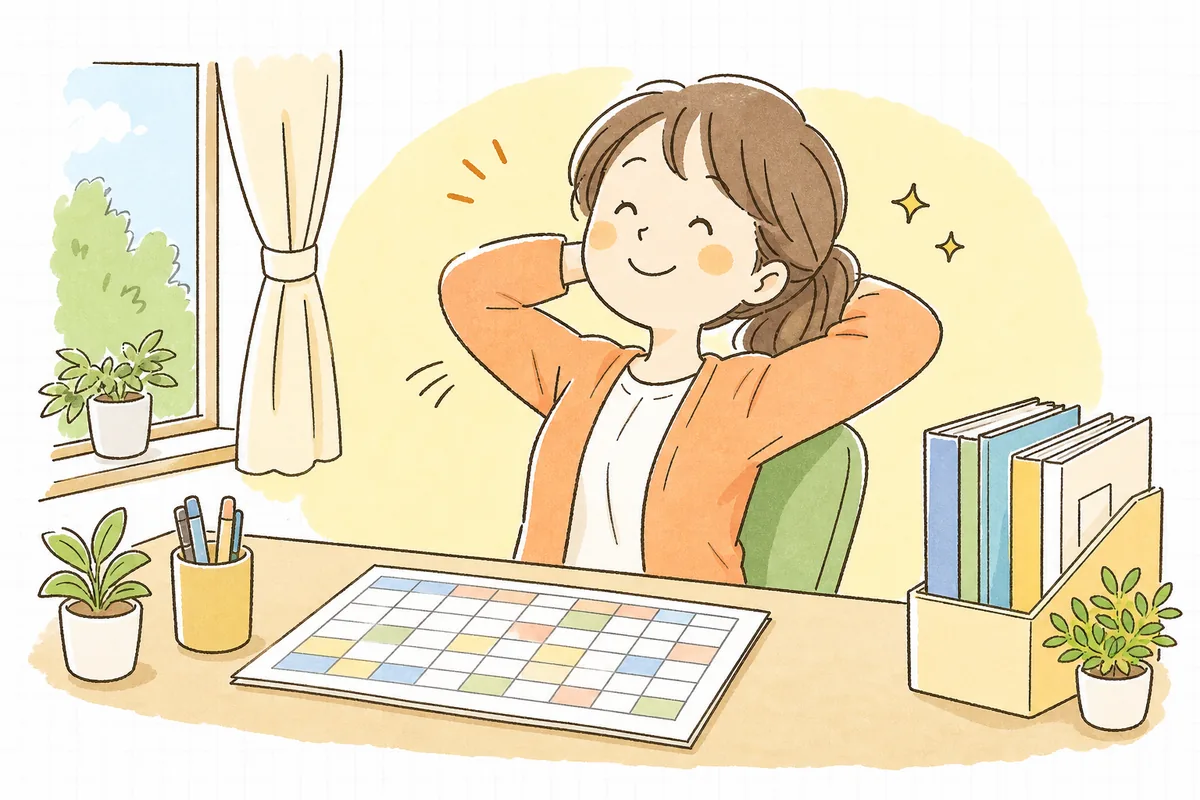 完成したシフト表を前に、ほっと肩の力を抜いてほほえむ保育園の事務担当者