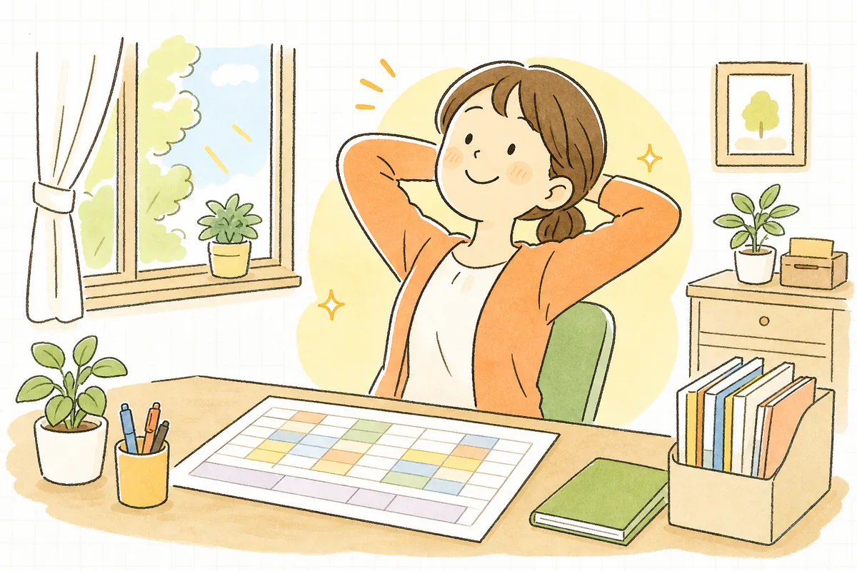 休憩の時間を書き込み終えたシフト表を前に、ほっと表情をやわらげる保育園の事務担当者