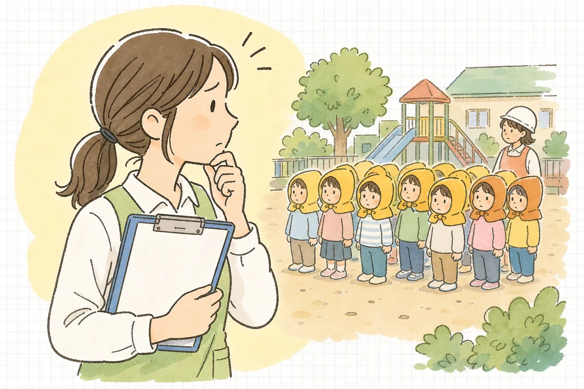 避難訓練を終えた園庭で、記録用紙をはさんだバインダーを手に「あとで書こう」と考える保育園の事務担当者