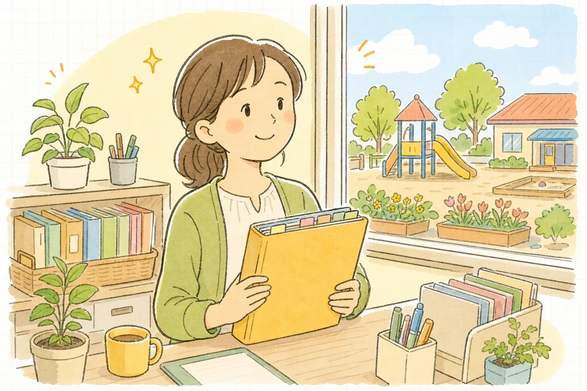 月順に整った避難訓練の記録ファイルを手に、園庭の明るい光の中でほっとほほえむ保育園の事務担当者