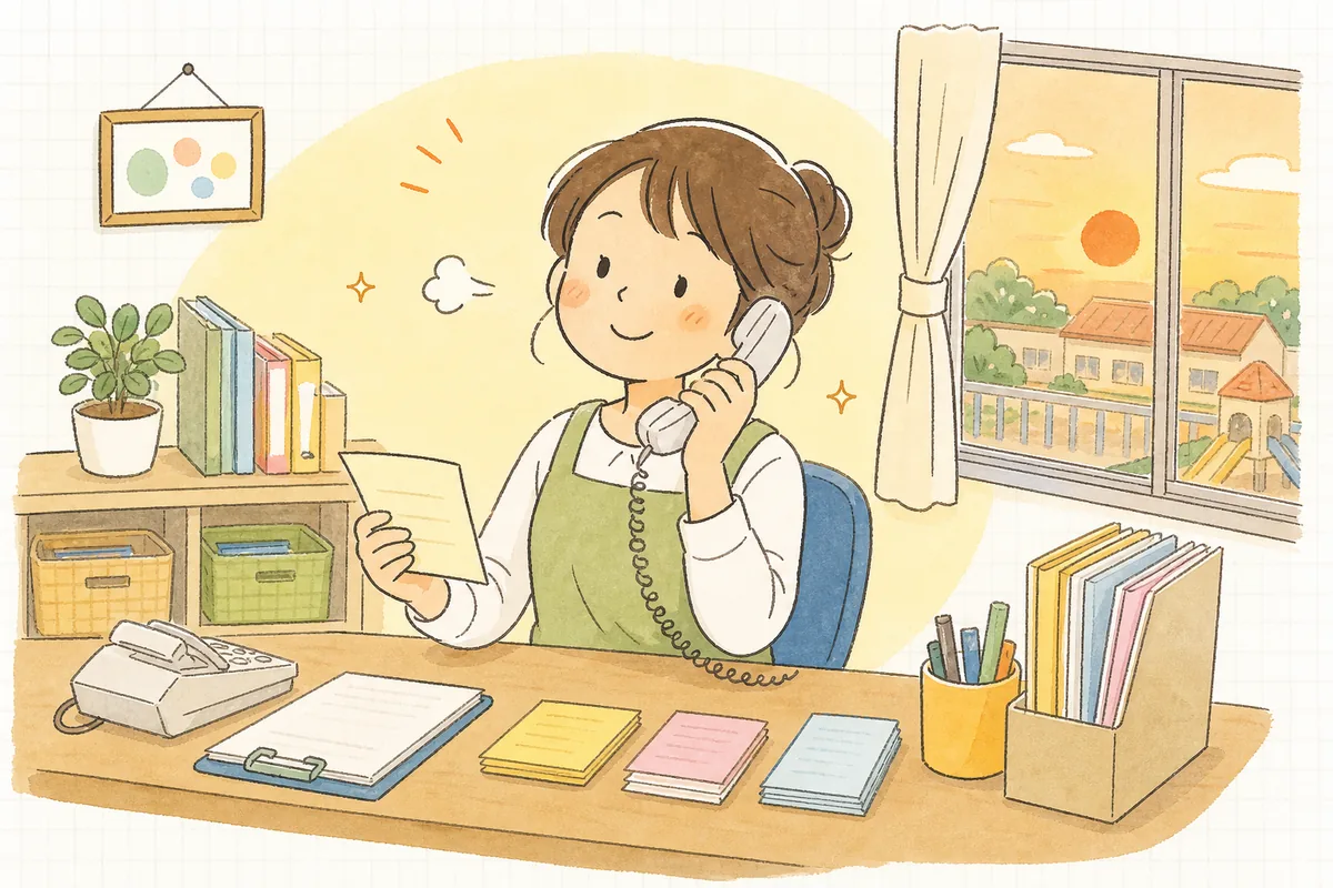 電話を終えてメモを手に、ほっと表情をゆるめる保育園の事務担当者