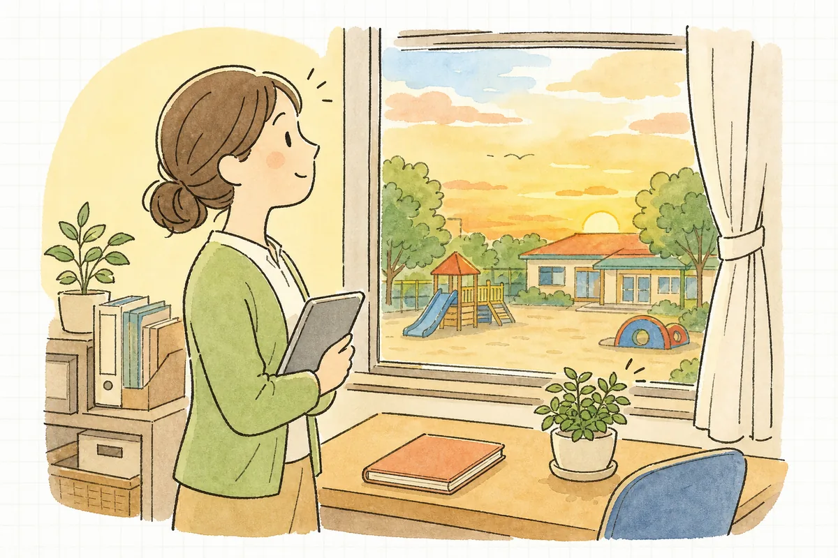 選んだ一台のタブレットを手に、すっきりした机のそばで前を向いて穏やかにほほえむ保育園の事務担当者