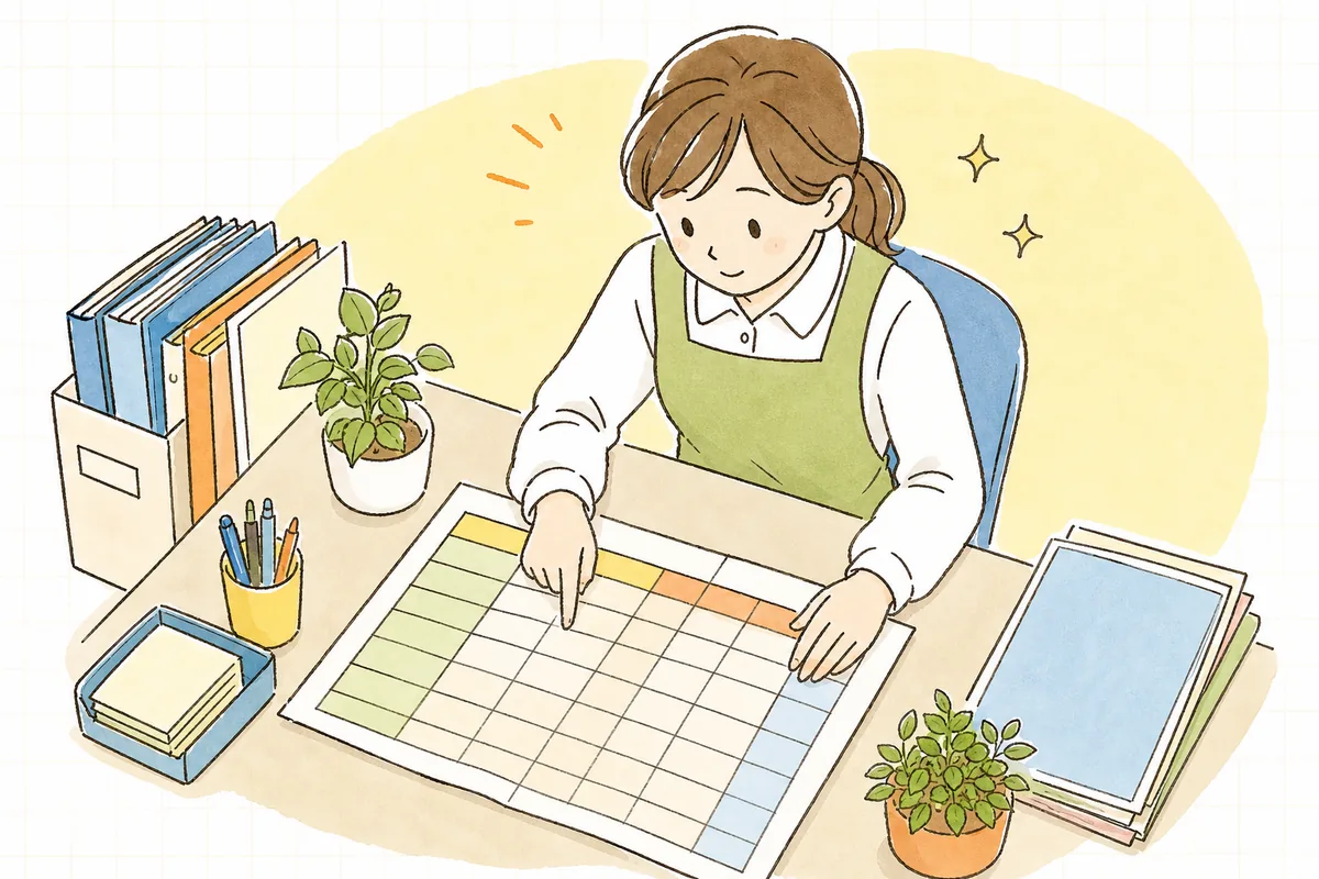 保育料の階層区分の一覧表を見ながら保護者からの問い合わせに答えようとしている保育園の事務担当者
