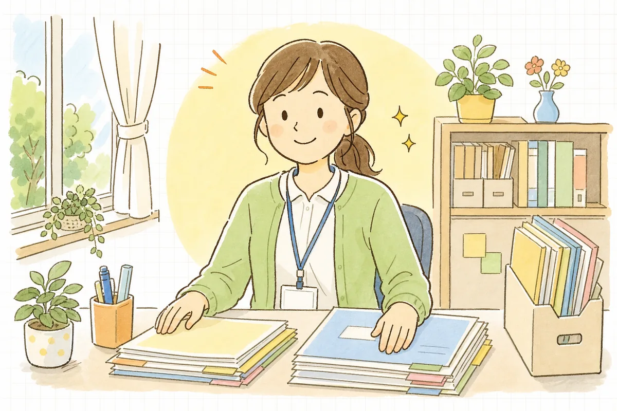 保育料の説明メモを整え終え、窓辺で穏やかに前を向く保育園の事務担当者