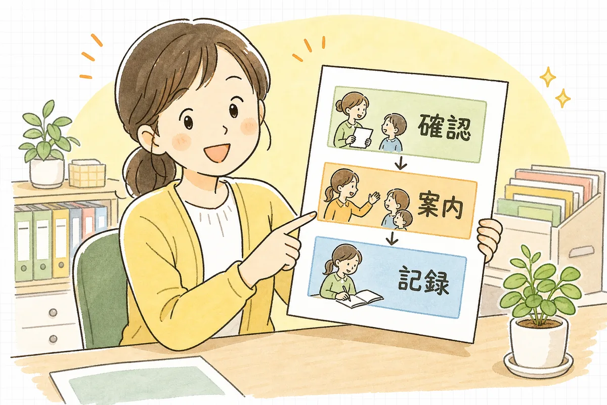 未納対応を「確認・案内・記録」の三つの段階に分けて順番に進めることを示す図と、それを説明する保育園の事務担当者