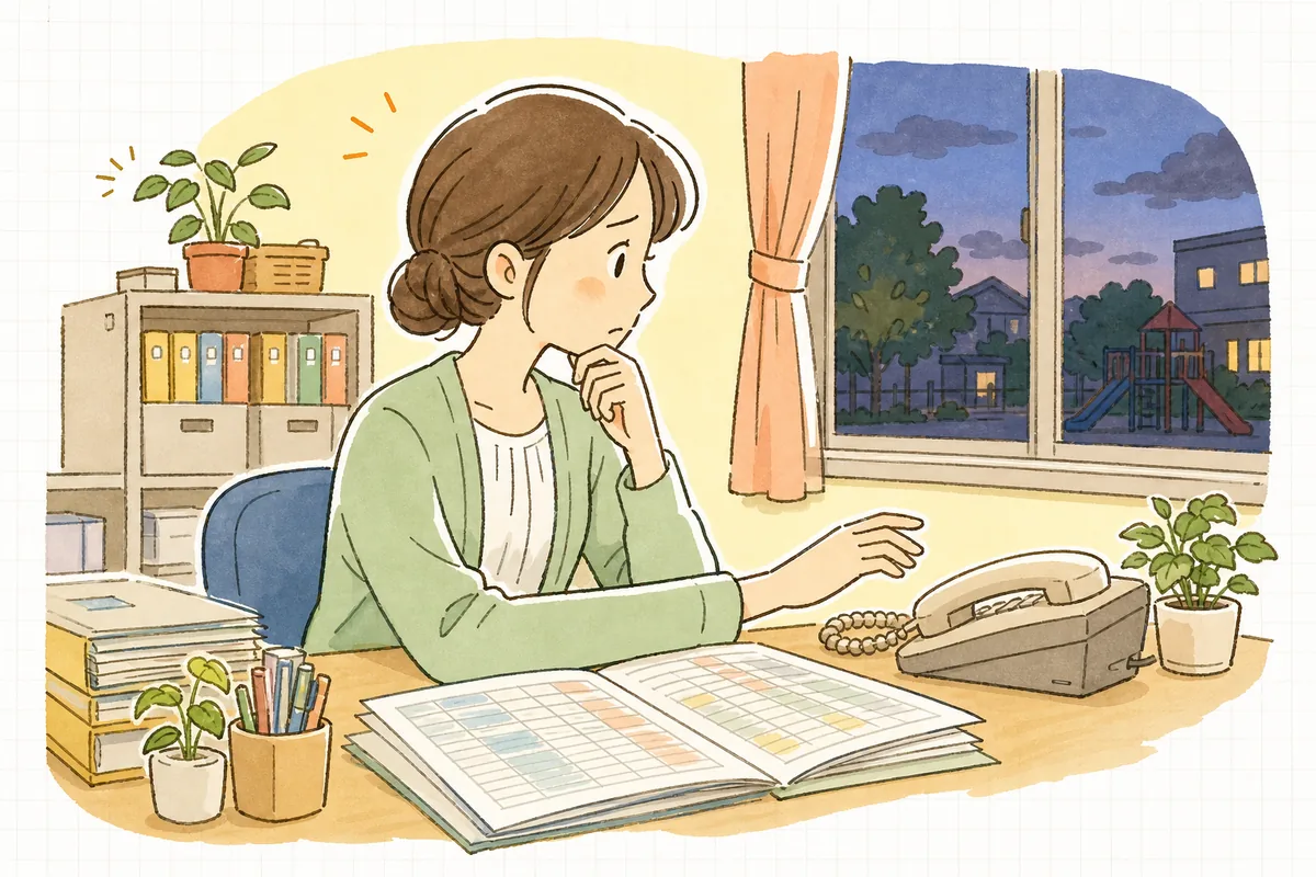 夕方の事務室で、保育料の未納一覧を前に、督促の声かけをどう切り出すか迷って手を止める保育園の事務担当者