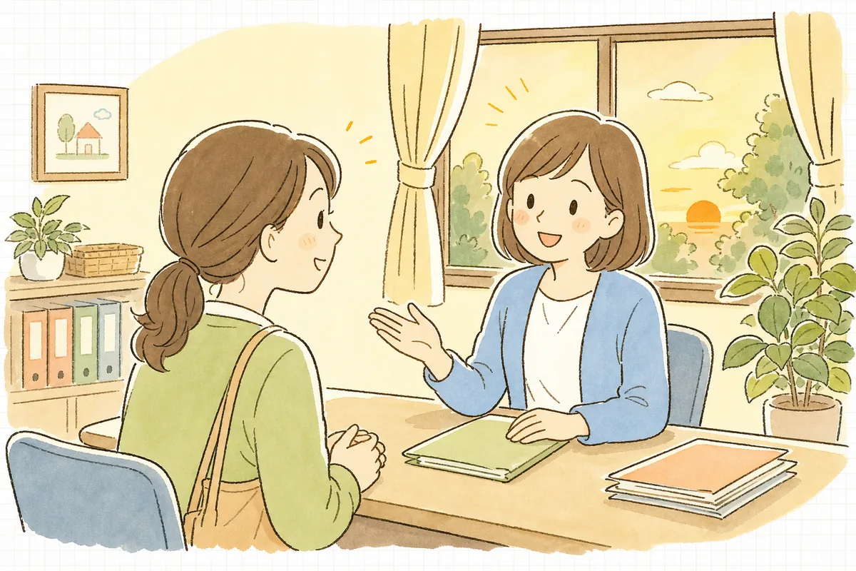 相談に来た保護者とやわらかく向き合い、安心した表情で言葉を交わす保育園の事務担当者