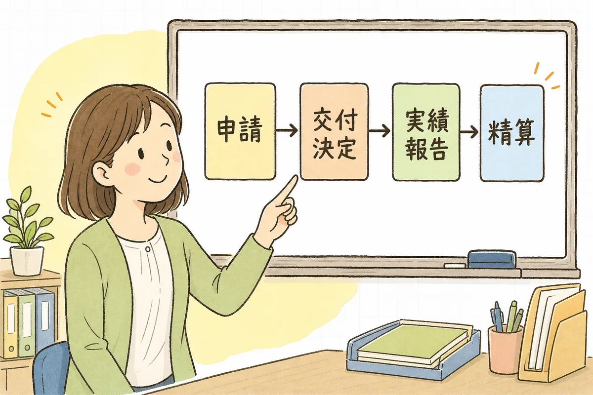 ホワイトボードの「申請・交付決定・実績報告・精算」という流れ図を指さして確かめる保育園の事務担当者