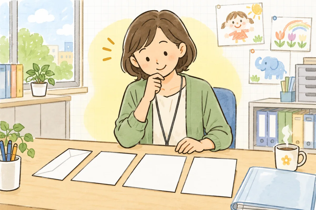 保育園の事務室で、机に並べた数通の通知文書を見比べながら、どれがどの段階のものか考えている事務職員