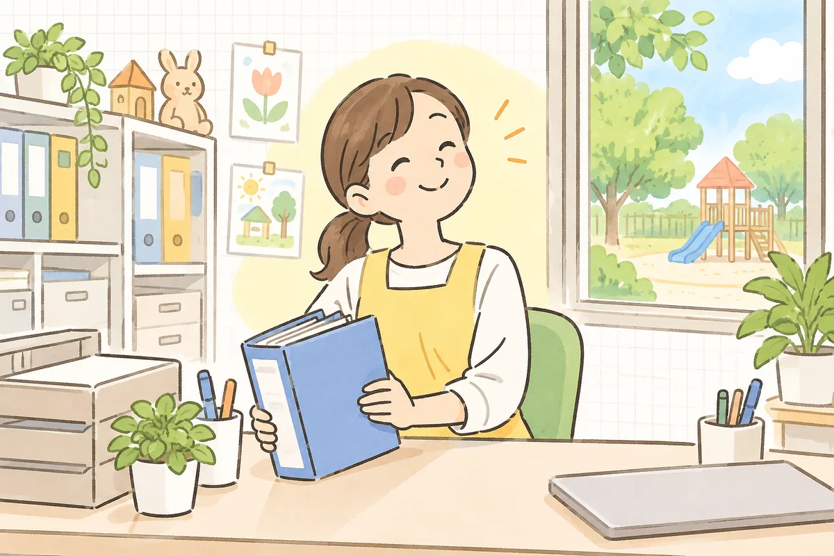 付箋で確認を終えた領収書をきれいにファイルに収め、ほっとした笑顔で背筋を伸ばす事務担当者
