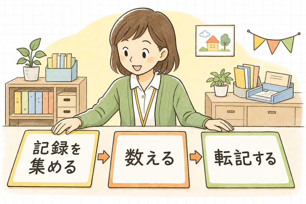 「今月分の記録を集める→月ごとに数える→様式に転記する」の3ステップを順に並べて確認する事務担当者