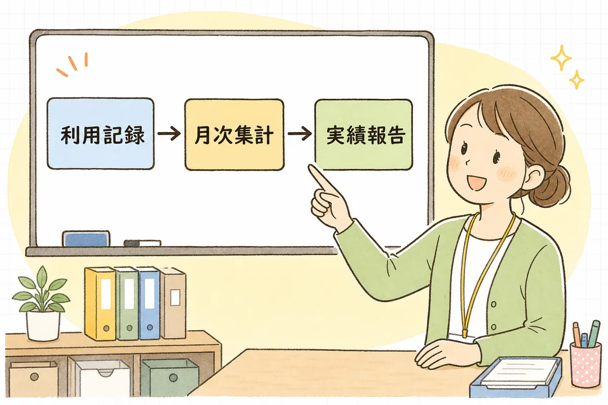 「毎日の利用記録→月ごとに集計→実績報告」の順に一時預かりの補助金の根拠が積み上がる流れ図を指さして確かめる事務担当者