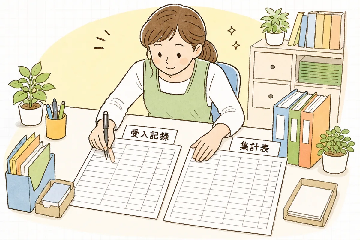 受入記録簿と月次集計表を左右に並べ、利用日数がずれていないか一行ずつ照らし合わせる事務担当者