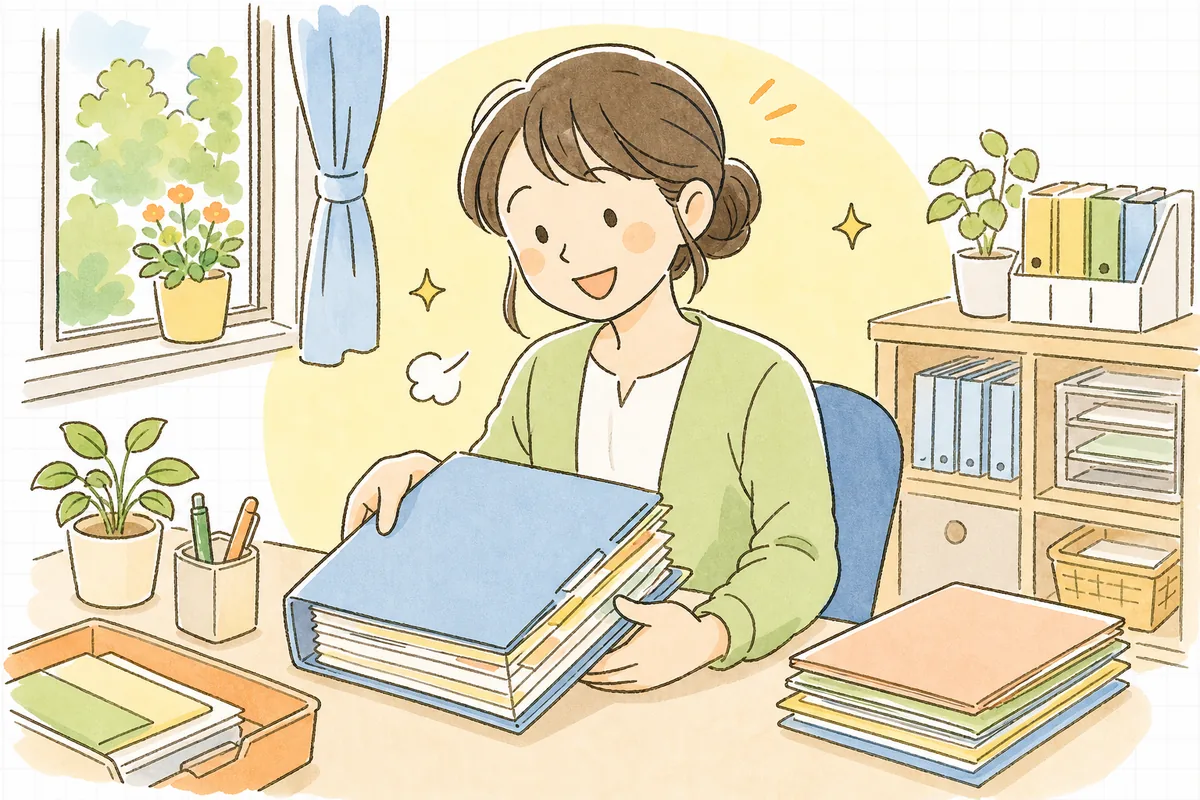 そろった受入記録と申請書の控えをファイルに収め、ひと区切りついてほっと表情をゆるめる保育園の事務担当者