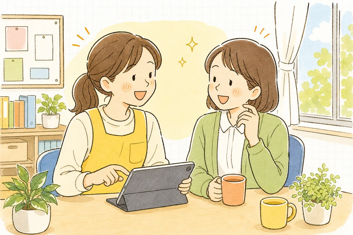 午睡中の静かな職員室で、保育士がタブレットに入力しながら事務担当者と笑顔で言葉を交わしている場面