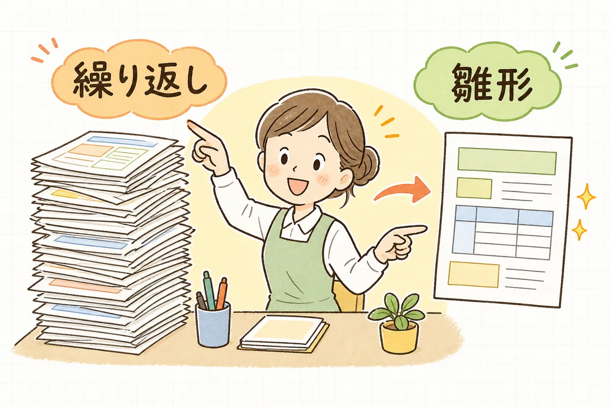 山積みの「繰り返し」書類を一枚の「雛形」にまとめる流れを明るい表情で示す保育園の事務担当者