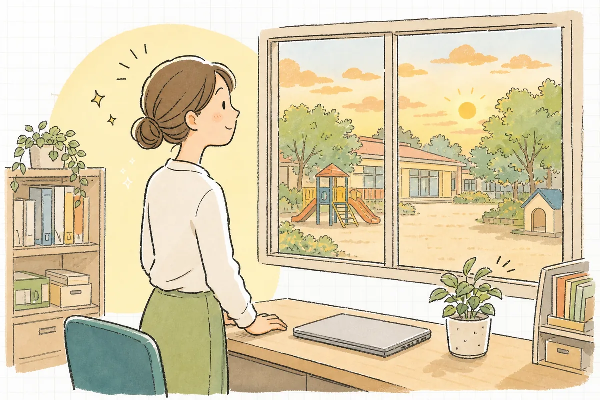 片付いた机のそばで一日を終え、窓の外の園庭を眺めて穏やかにほほえむ保育園の事務担当者