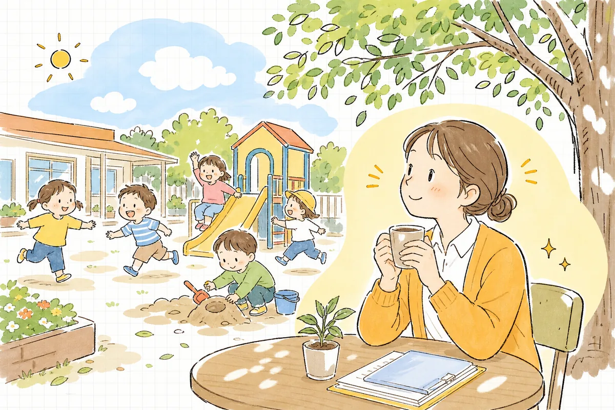 相談を終え、園庭で子どもたちを見守りながらやわらかな表情でひと息つく保育園の事務担当者