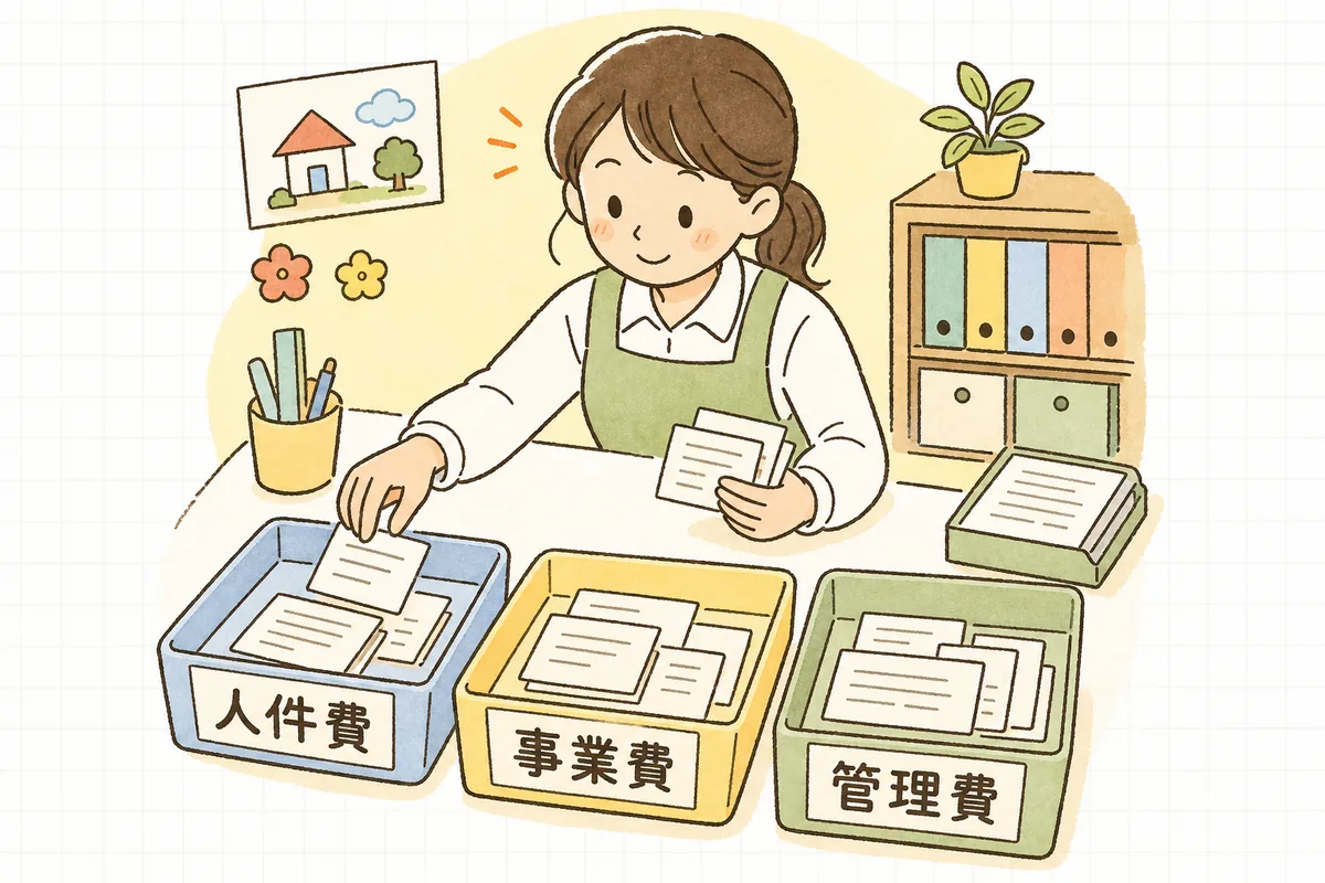 委託費を「人件費」「事業費」「管理費」の3つのトレーに振り分けて整理する図