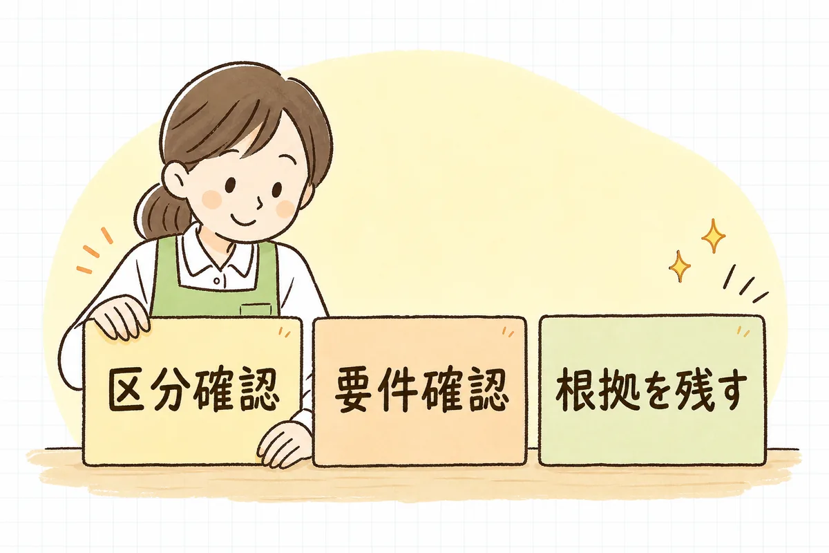 「区分を確かめる→要件を確認→根拠を残す」の順に弾力運用を進める3ステップの図
