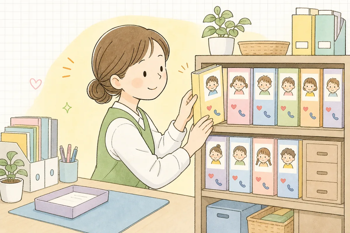 事務職員が、園児一人ひとりの似顔絵つきカードファイルを棚にていねいに整理している様子