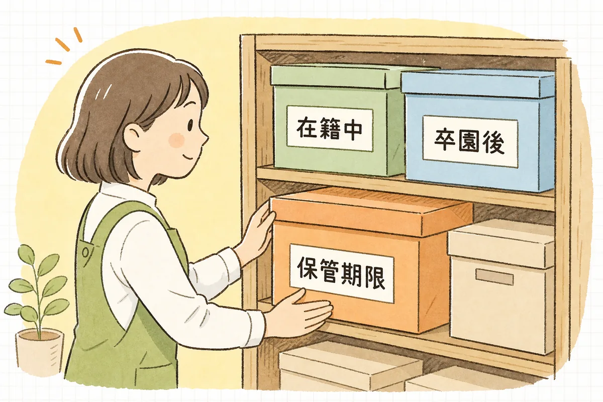 卒園・転園後の書類を保管期間ごとに区切って棚に並べ、期限が来たものを見分けられるようにした整理イメージ