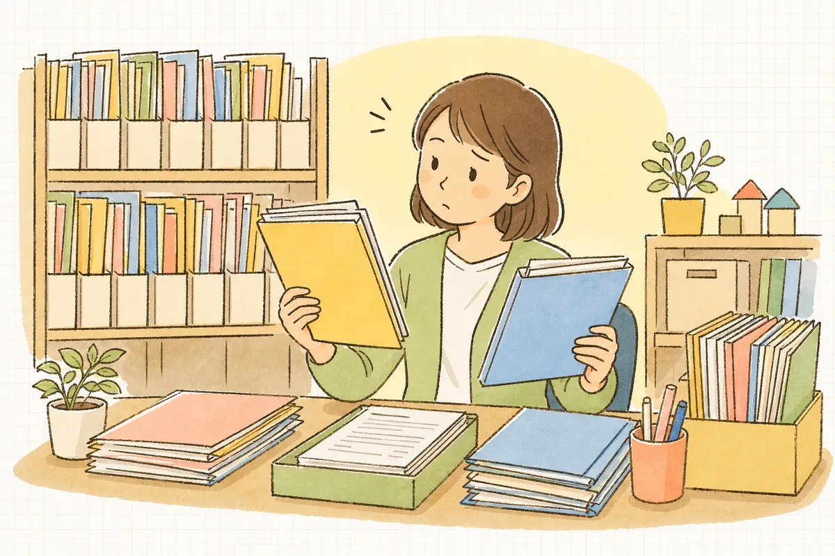 卒園児の児童票と保育要録のファイルを手に、どこまで送りどこから残すか手を止めて考える保育園の事務担当者
