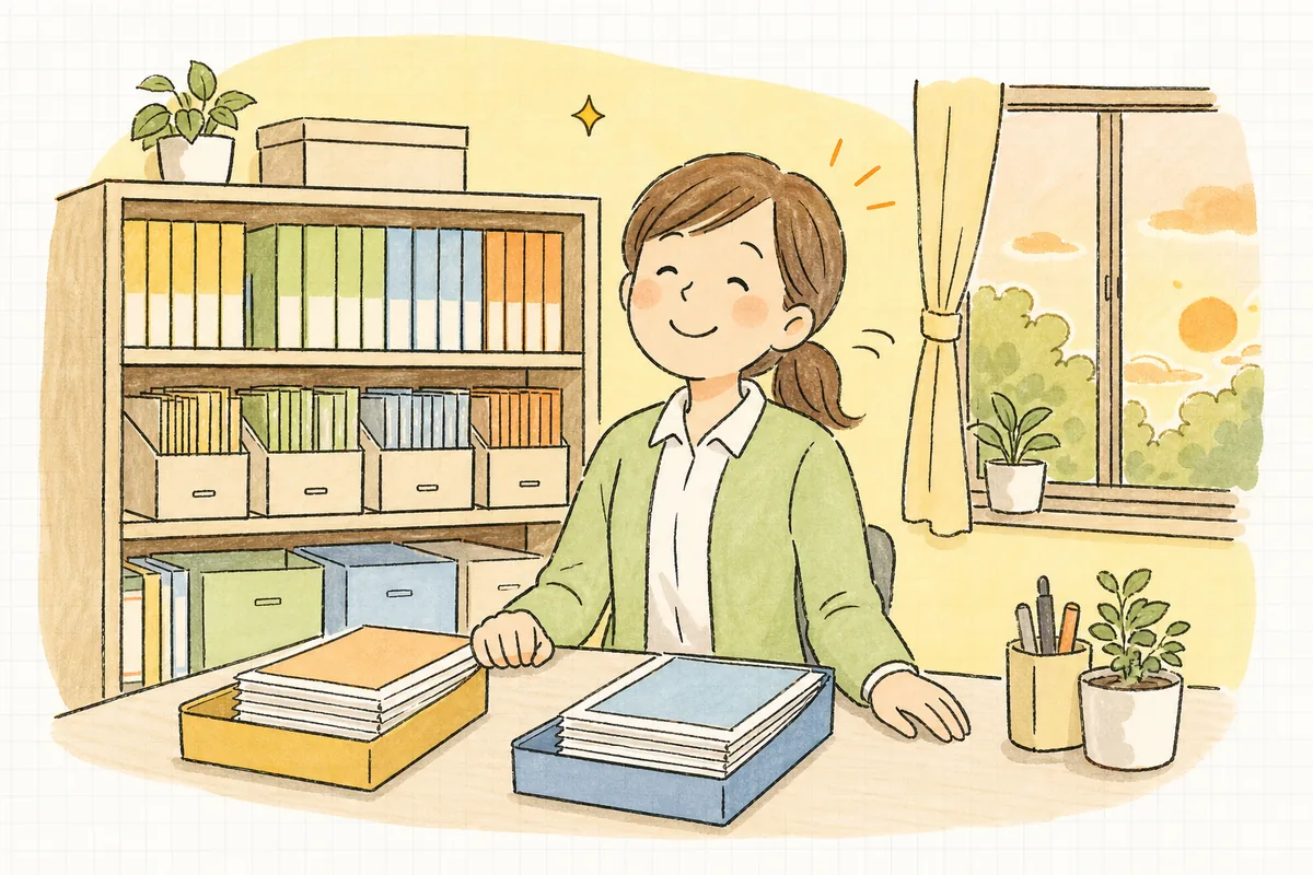卒園児の書類を送る分と残す分に整え終え、すっきりした棚を前に穏やかな表情を浮かべる保育園の事務担当者