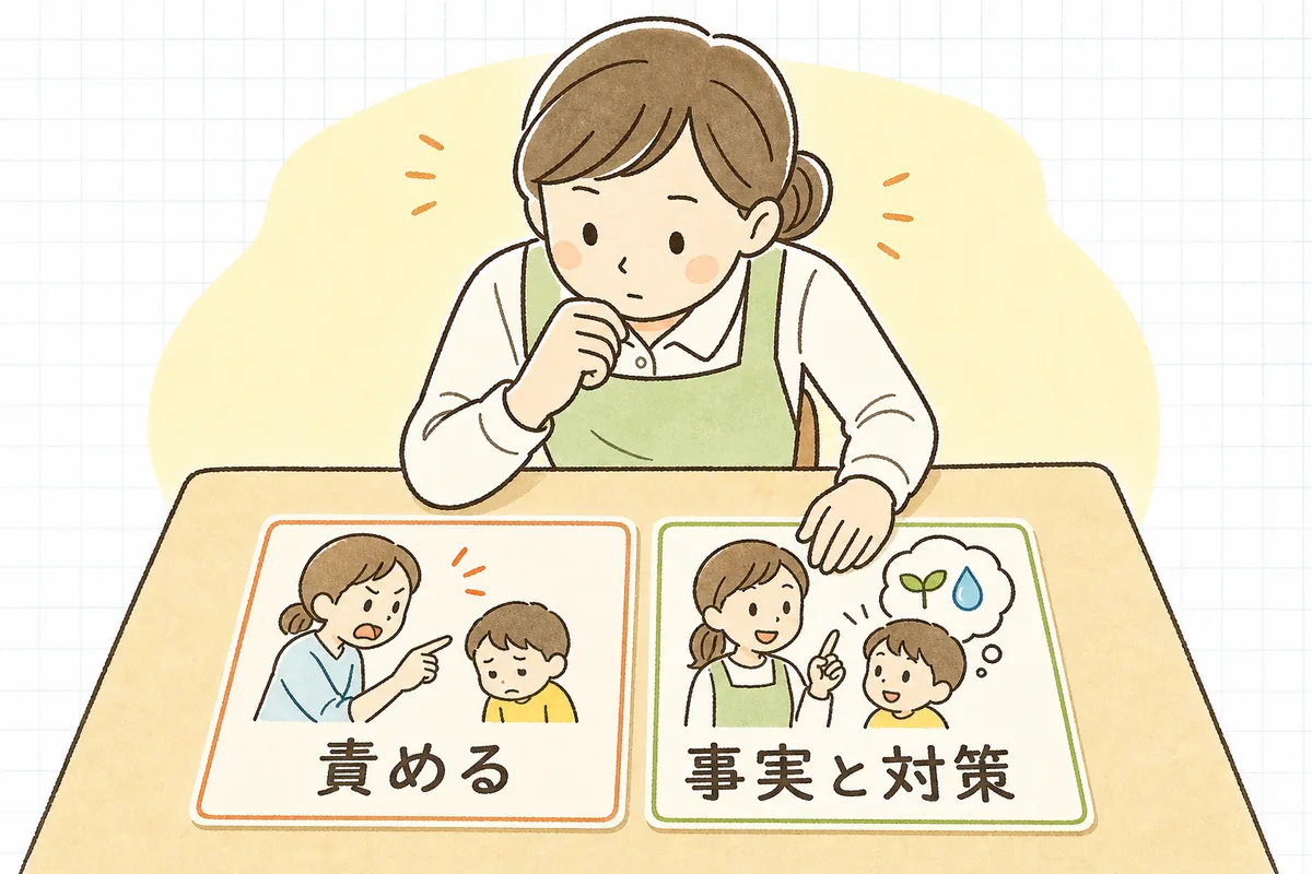 同じ「子どもが転んだ」出来事を、人を責める書き方と、事実と対策で残す書き方の2つに並べて見比べる整理図