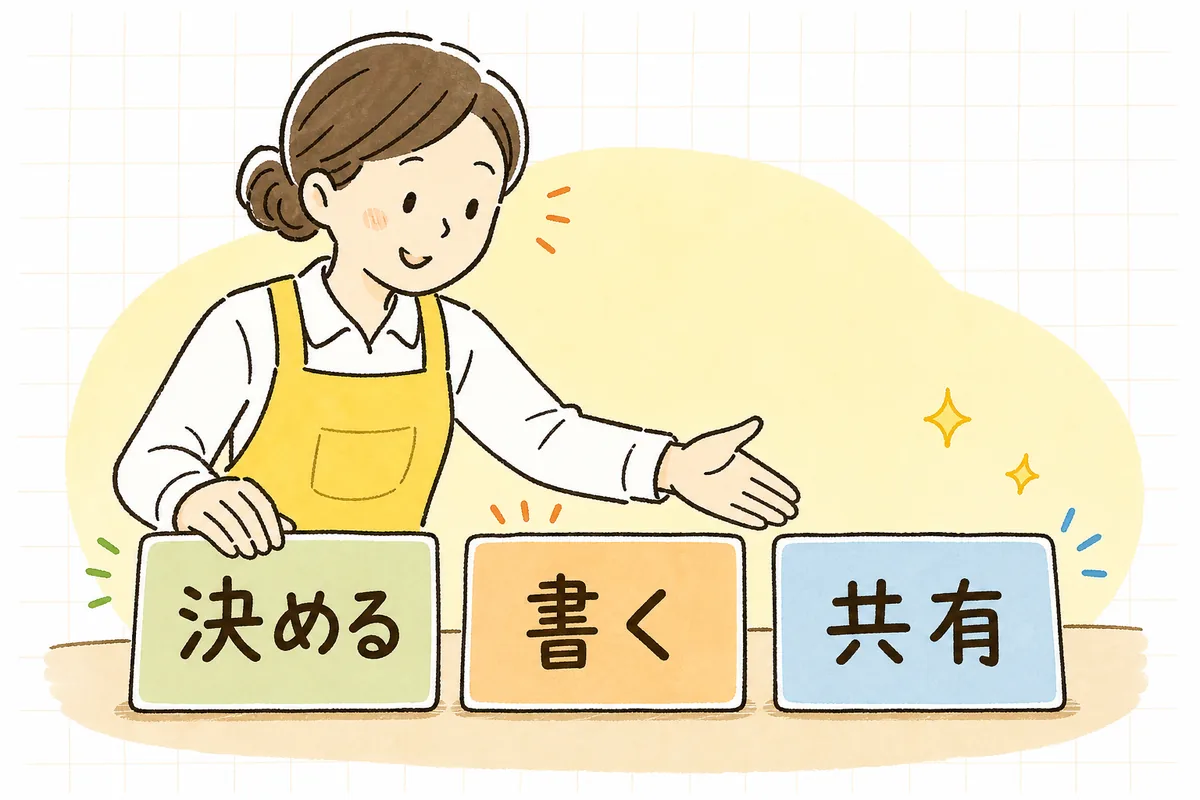 「用紙を1枚決める→事実と対策で書く→朝礼で共有する」の順に進める3ステップの図